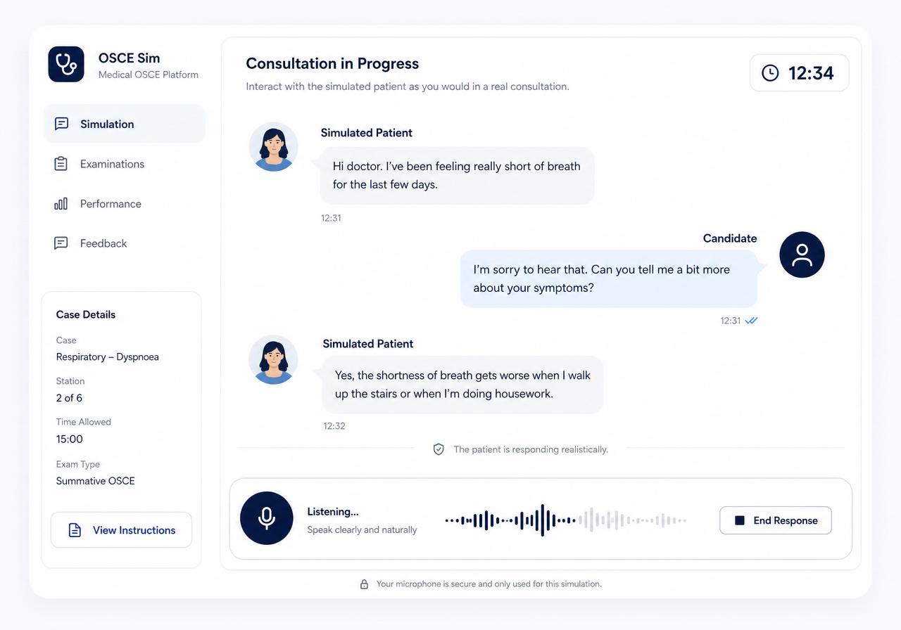 Simulated patient consultation interface with live voice input